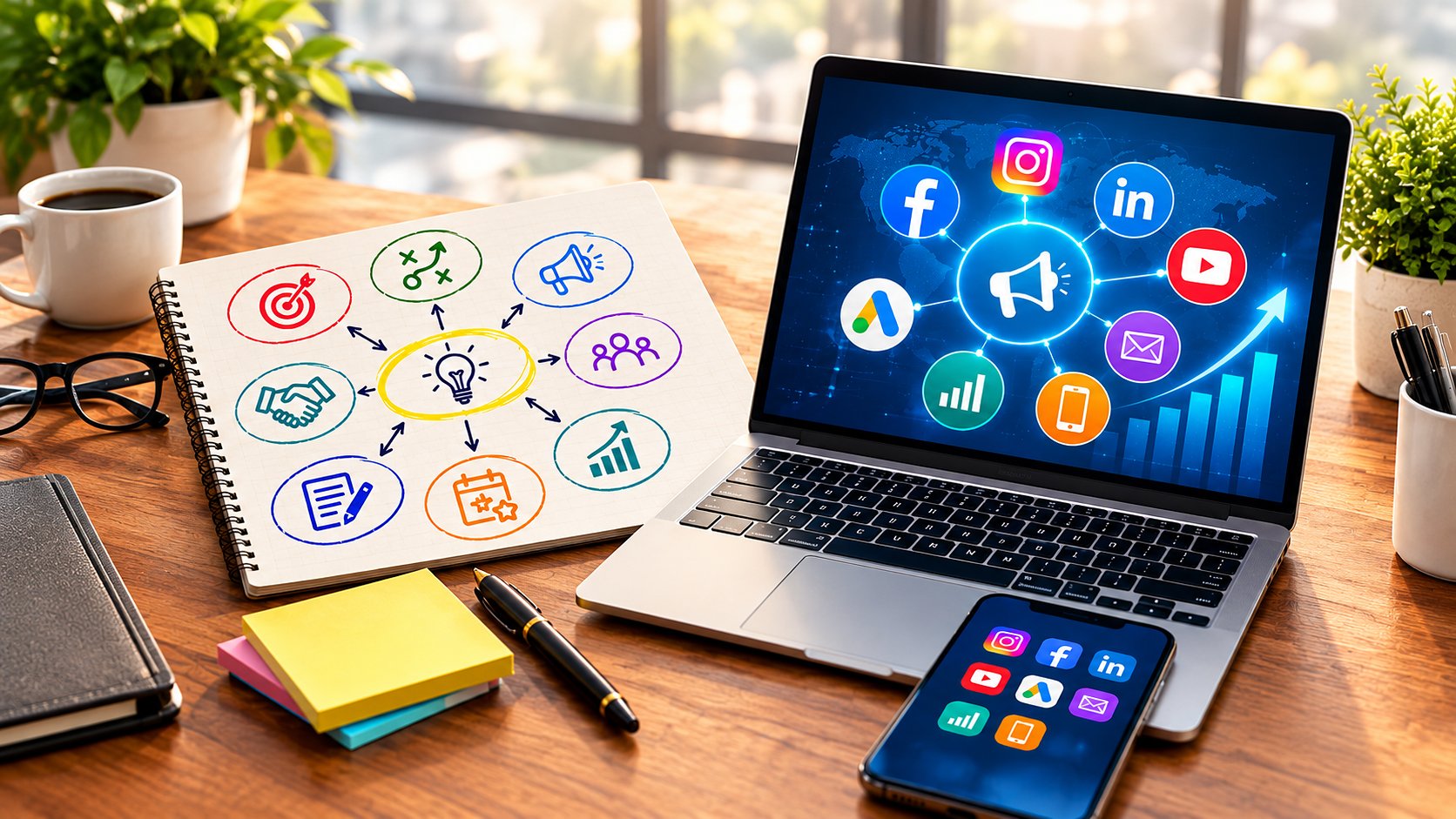 A laptop and phone showing a digital marketing campaign beside a strategy sketchbook