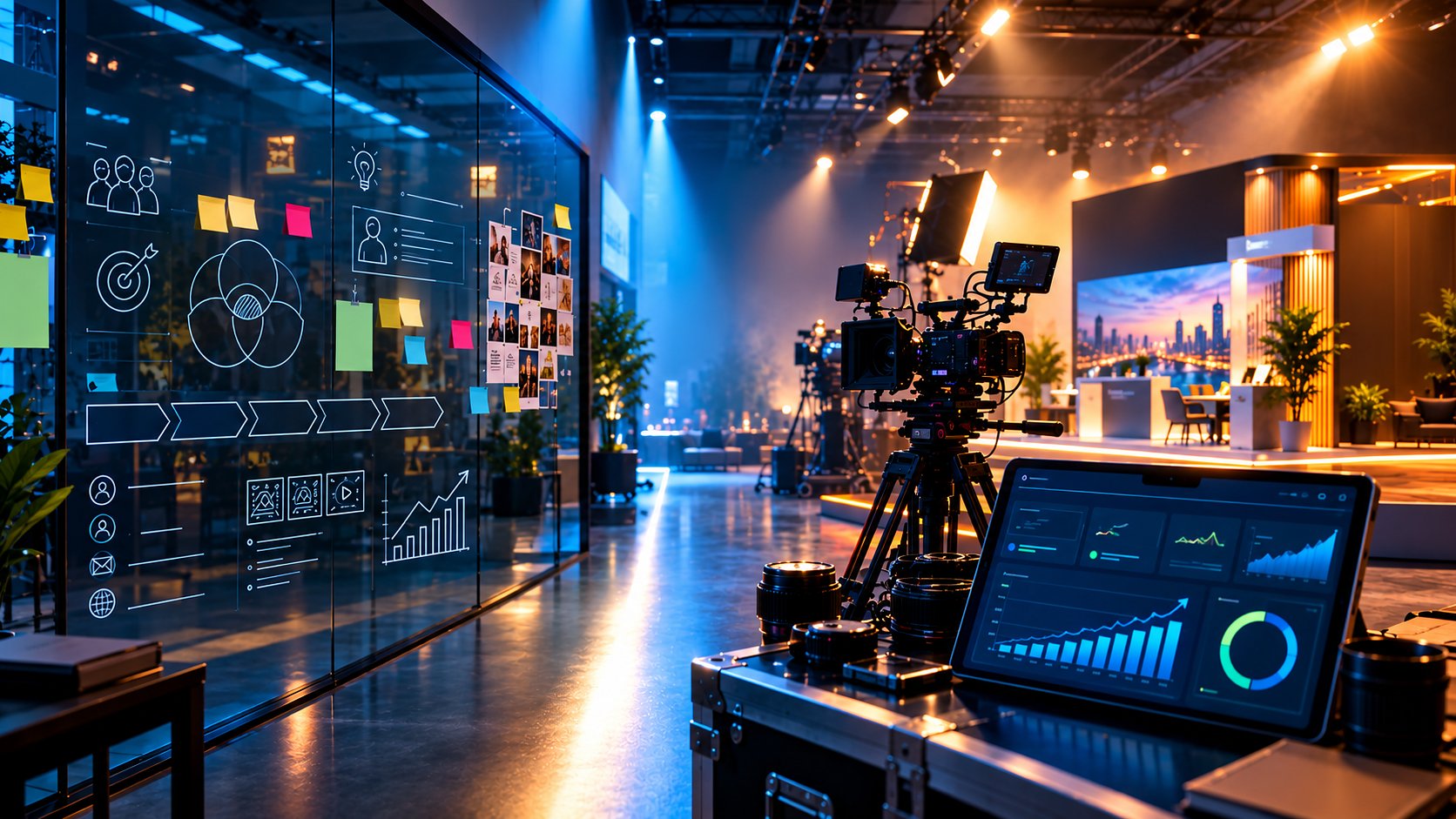 A strategy wall, film camera and live campaign dashboard in an event and production studio