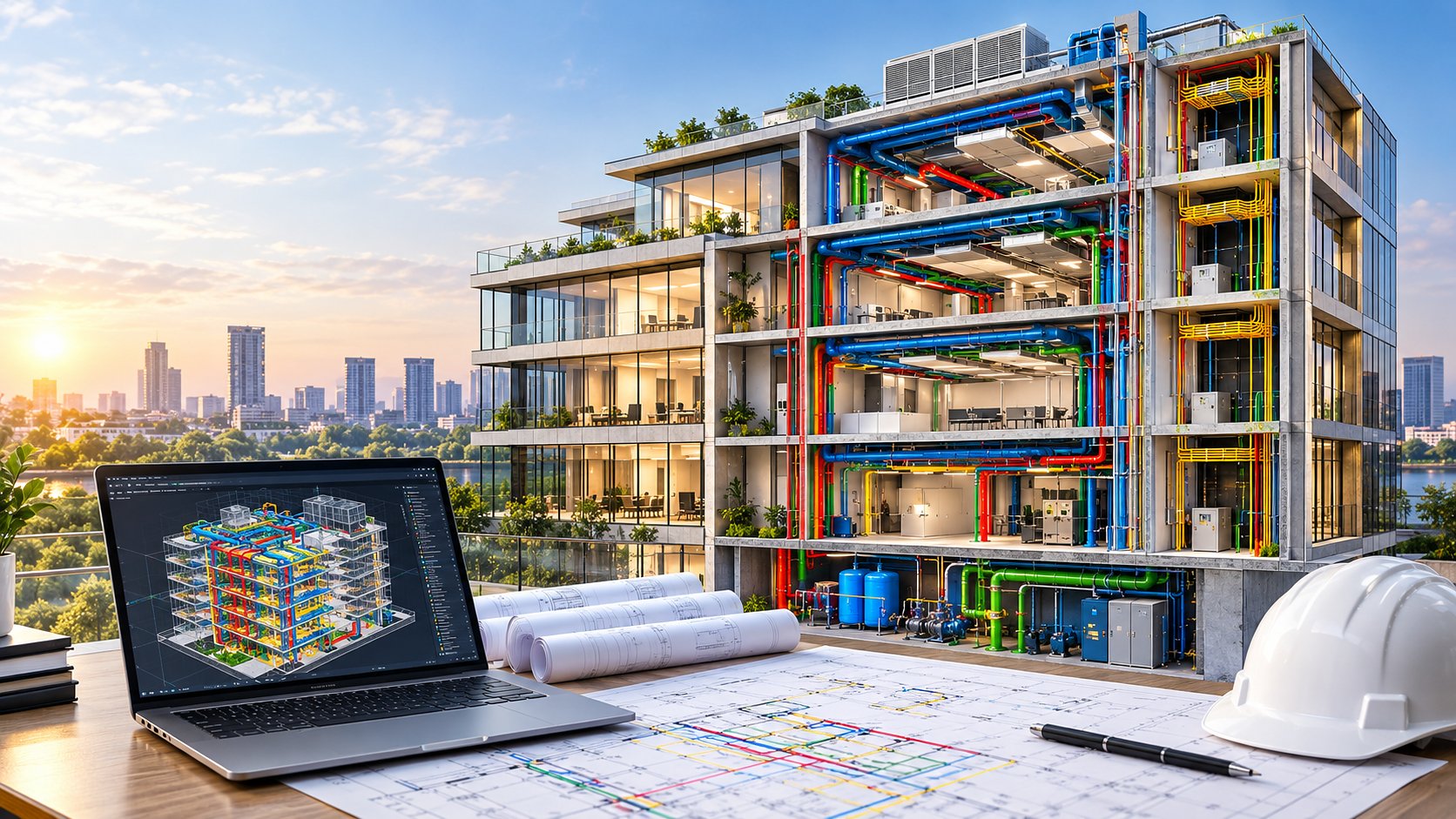 Cutaway of a modern building showing its mechanical, electrical and plumbing systems, with plans and a 3D model on a laptop