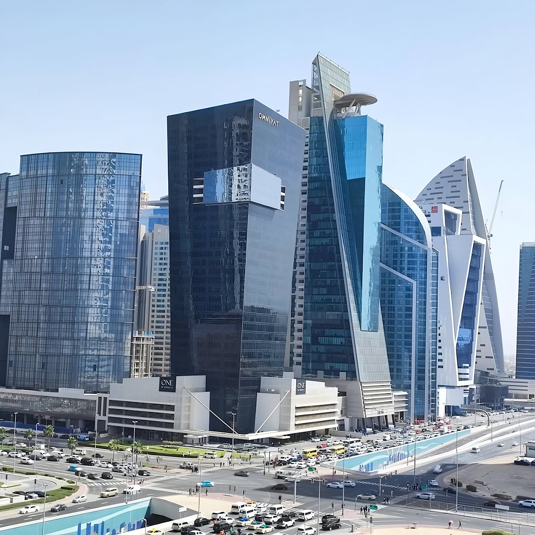 Glass towers of Dubai’s business district in daylight